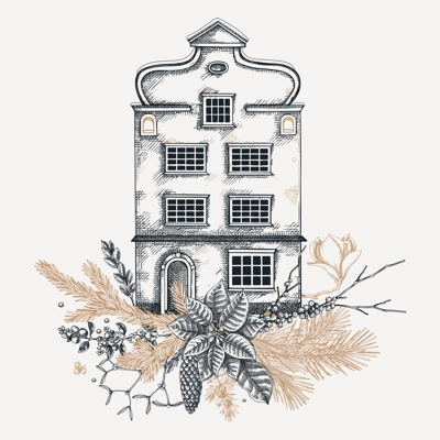 Christmas card design. Architecture sketch. Vintage house drawing. European winter hand-drawn vector illustration. Floral art. NOT AI generated